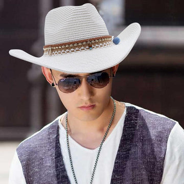 GEMVIE Straw Cowboy Hat for Men Women Fedora Roll Up Panama Sun Beach Hat Wide Brim Cap White