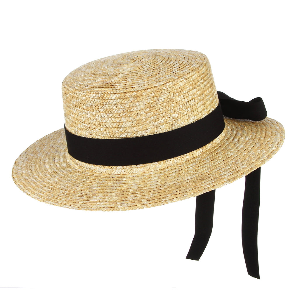 GEMVIE Women's Straw Boater Hat Wide Brim Straw Sun Hat Flat Top Straw