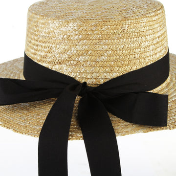 GEMVIE Women's Straw Boater Hat Wide Brim Straw Sun Hat Flat Top Straw Hat for Beach/Summer/Travel
