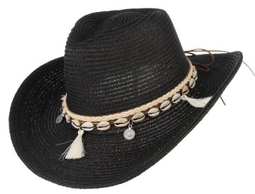 Women Men’s Cowboy Hat Western Summer Straw Hat for Girls with Wide Brim & Shell Tassels Trendy Lady Beach Sun Hats
