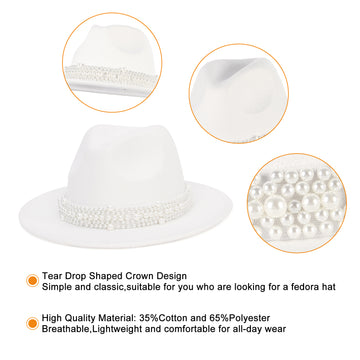 GEMVIE Women's Vintage Pearl Band Fedora Hat Classic Wide Brim Trilby Panama Hat Jazz Cap