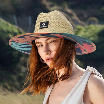 GEMVIE Men & Women's Straw Sun Hat,UPF 50+ Straw Lifeguard Hat Printed Under Brim Beach Straw Hat Outdoor Fishing Sun Hat