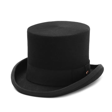 Black Gemvie top hat with a tall flat crown on a white background