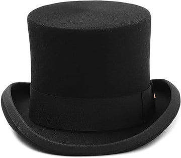 Black Gemvie top hat with a tall crown and flat top on a white background.