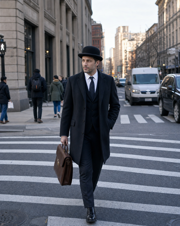 A man in a dark overcoat and suit wearing a black bowler hat on a city street.