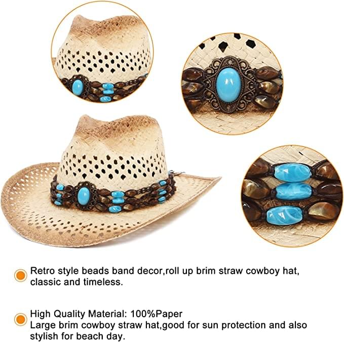 Western Cowboy Hat - Drawstring Fishing Hat with Wide Brim for Summer Sun Protection, Outdoor Fishing, and Hiking Woven Belt Style - Blue