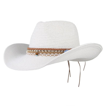 GEMVIE Straw Cowboy Hat for Men Women Fedora Roll Up Panama Sun Beach Hat Wide Brim Cap White