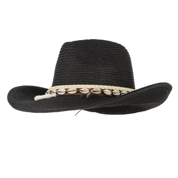Women Men’s Cowboy Hat Western Summer Straw Hat for Girls with Wide Brim & Shell Tassels Trendy Lady Beach Sun Hats
