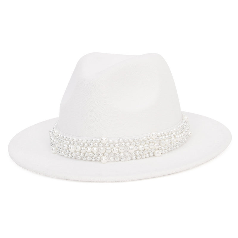 GEMVIE Women's Vintage Pearl Band Fedora Hat Classic Wide Brim Trilby Panama Hat Jazz Cap