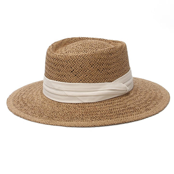 Gemvie Premium Straw Fedora Hat,Wide Brim Sun Protection Beach Flat Straw Hats