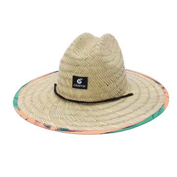 GEMVIE Men & Women's Straw Sun Hat,UPF 50+ Straw Lifeguard Hat Printed Under Brim Beach Straw Hat Outdoor Fishing Sun Hat