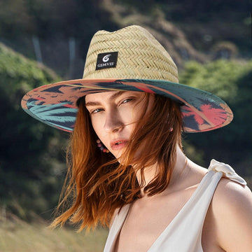 GEMVIE Men & Women's Straw Sun Hat,UPF 50+ Straw Lifeguard Hat Printed
