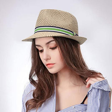 GEMVIE Women Straw Panama Cap Short Brim Trilby Sun Hat for Men Beach Panama Hat Straw Sun Hat