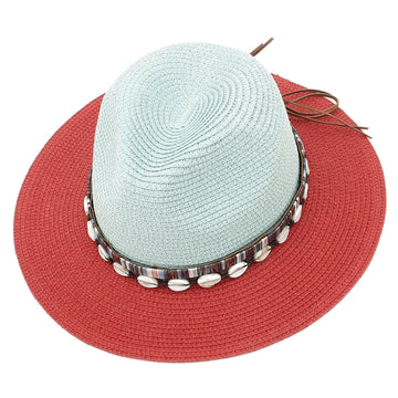 GEMVIE Straw Sun Hat for Women Men's Panama Sun Hat Patchwork Wide Brim Straw Fedora Hat Beach Summer Hat with Shell Band