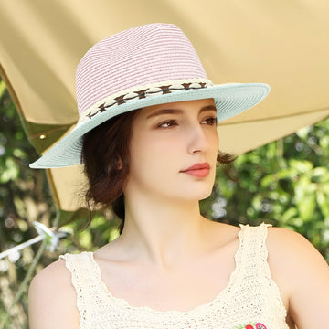 Gemvie Unisex Wide Brim Panama Fedora Straw with Shell Belt Sun Hat Adorable Summer Hats Beach Sun Hat