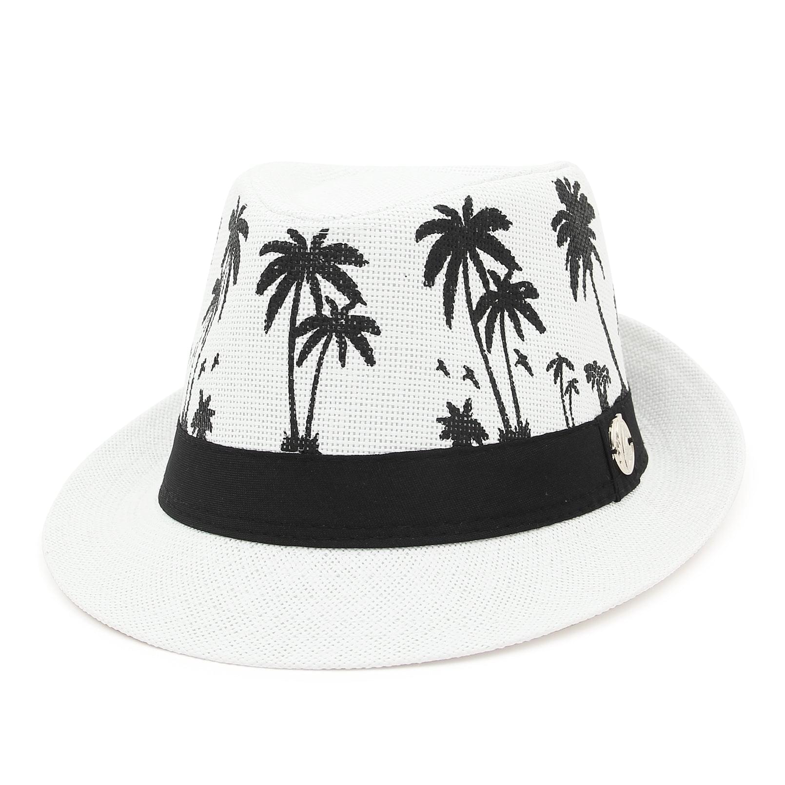 GEMVIE Straw Sun Hat for Women Men's Summer Panama Trilby Hat Tree Pattern Straw Jazz Sun Cap