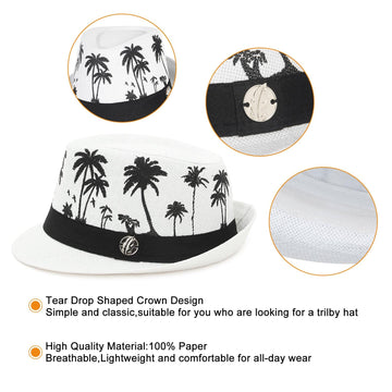GEMVIE Straw Sun Hat for Women Men's Summer Panama Trilby Hat Tree Pattern Straw Jazz Sun Cap