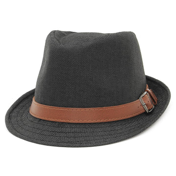 GEMVIE Men's Straw Trilby Hat, Leather Belt Short Brim Panama Sun Hat Beach Straw Cap for Women Jazz Sun Hat
