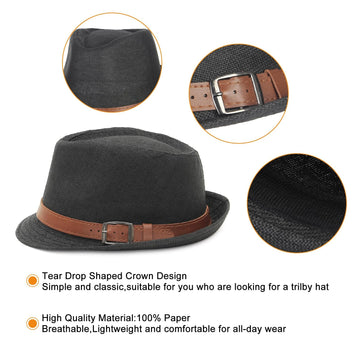 GEMVIE Men's Straw Trilby Hat, Leather Belt Short Brim Panama Sun Hat Beach Straw Cap for Women Jazz Sun Hat